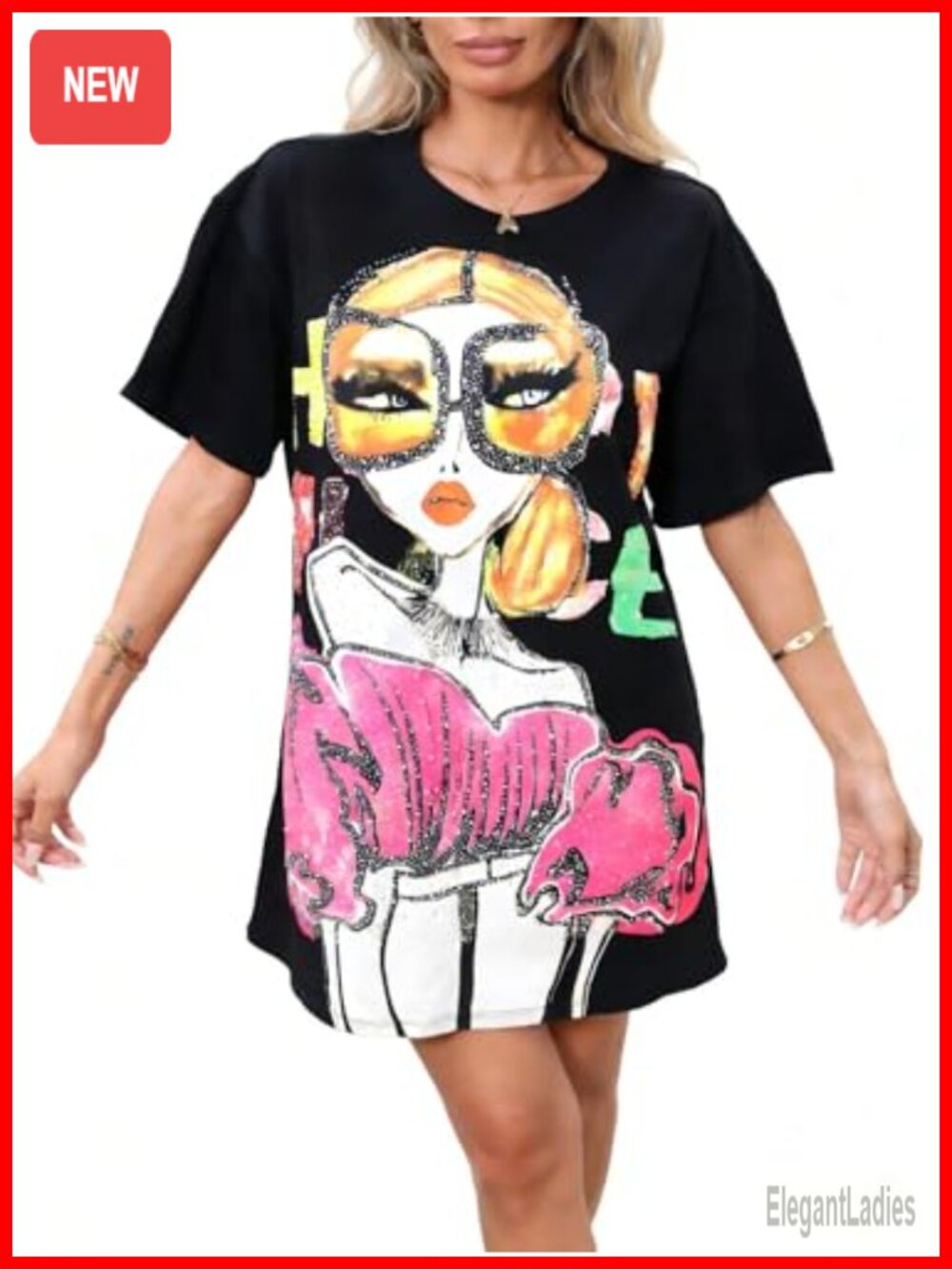 Women's Sequined Graphic Tee Rock Shirt Crew Neck Sparkly Top